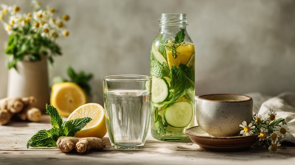 Sastavni delovi jednodnevnog detoksa, kao što je voda, čaj