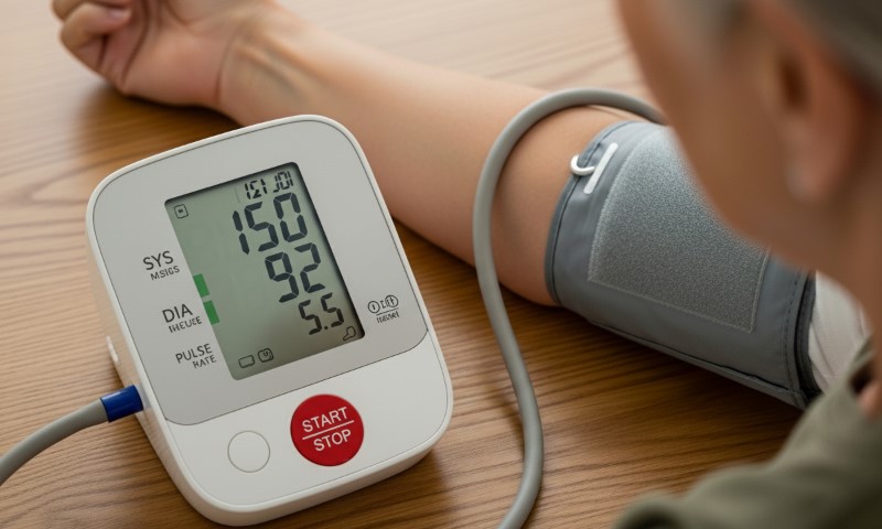 Osoba meri krvni pritisak pomoću digitalnog merača