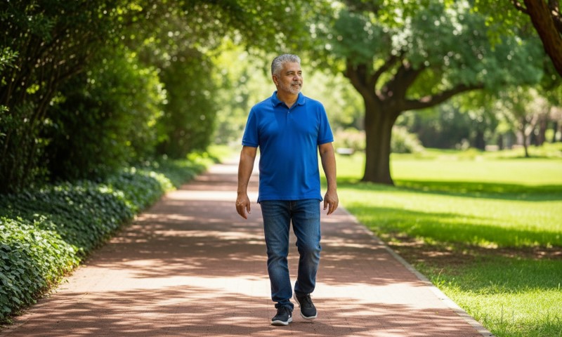 Čovek u plavoj polo majici šeta osunčanom stazom u parku