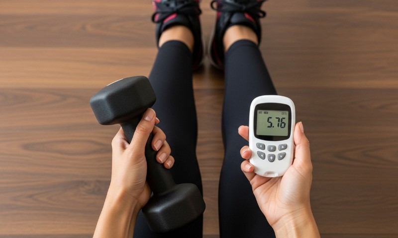 Žena sedi na drvenom podu, drži crni teg u levoj ruci i beli elektronski uređaj u desnoj