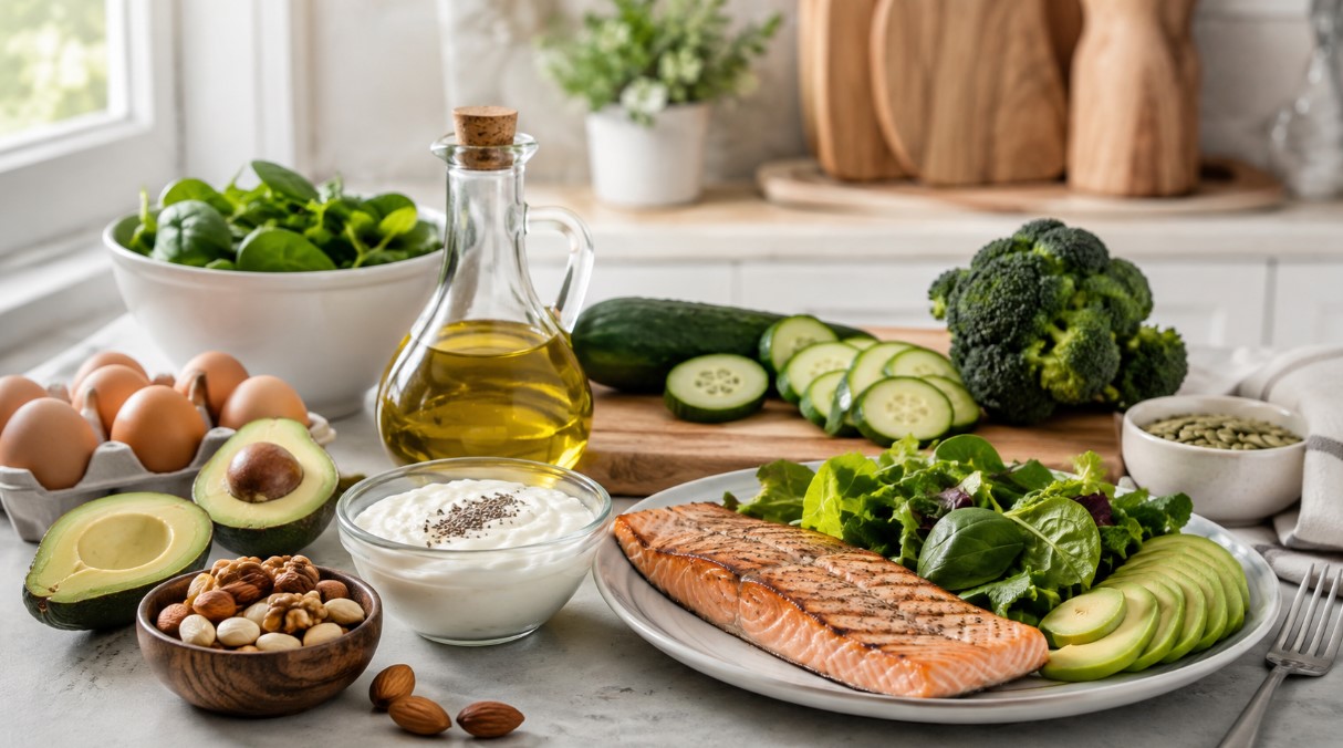 Keto obrok sa lososom, avokadom, zelenom salatom, jajima, orasima, maslinovim uljem, brokolijem i krastavcem.