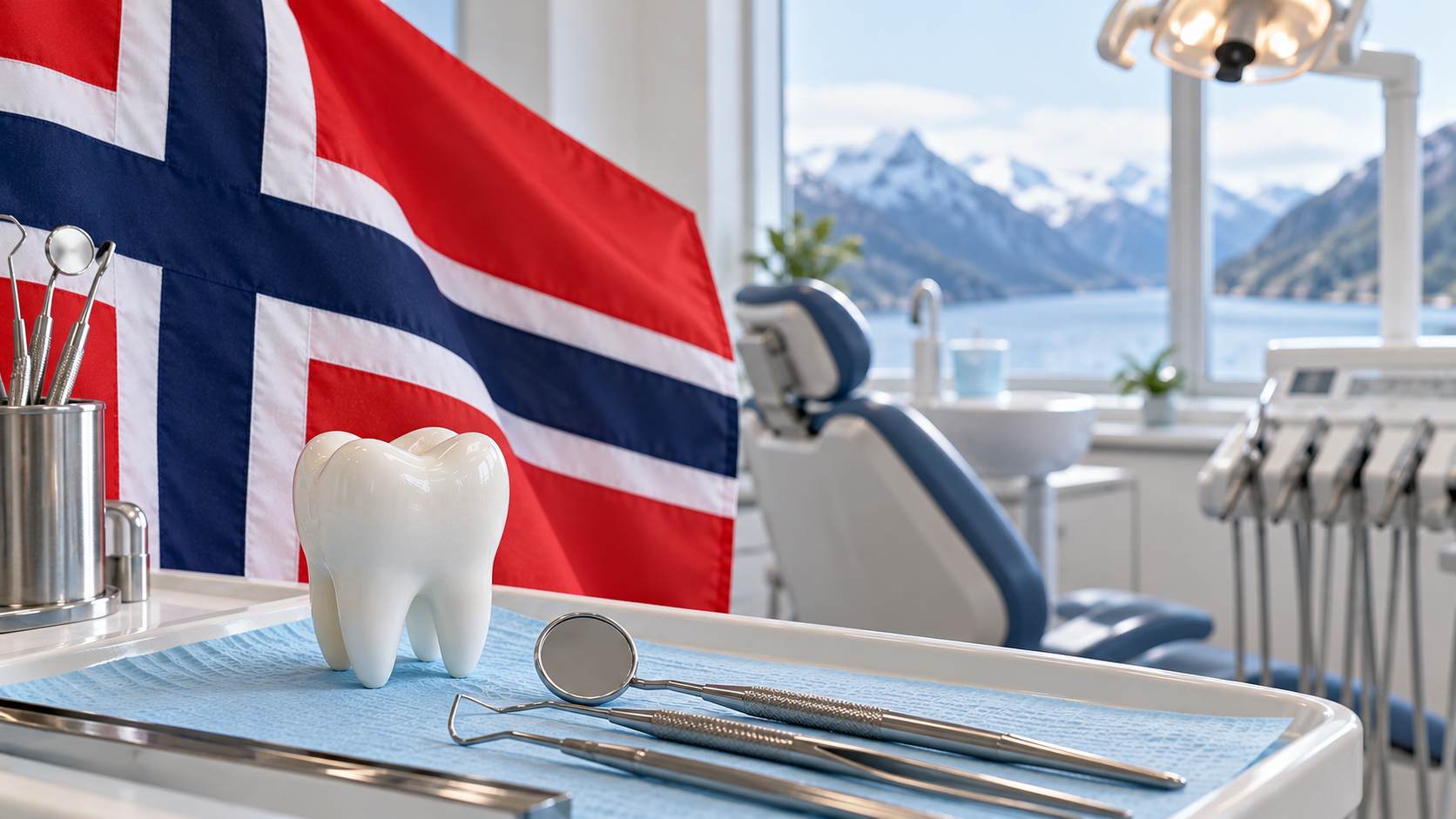Norveška zastava, model zuba i stomatološki instrumenti u ordinaciji sa pogledom na norveške fjordove.