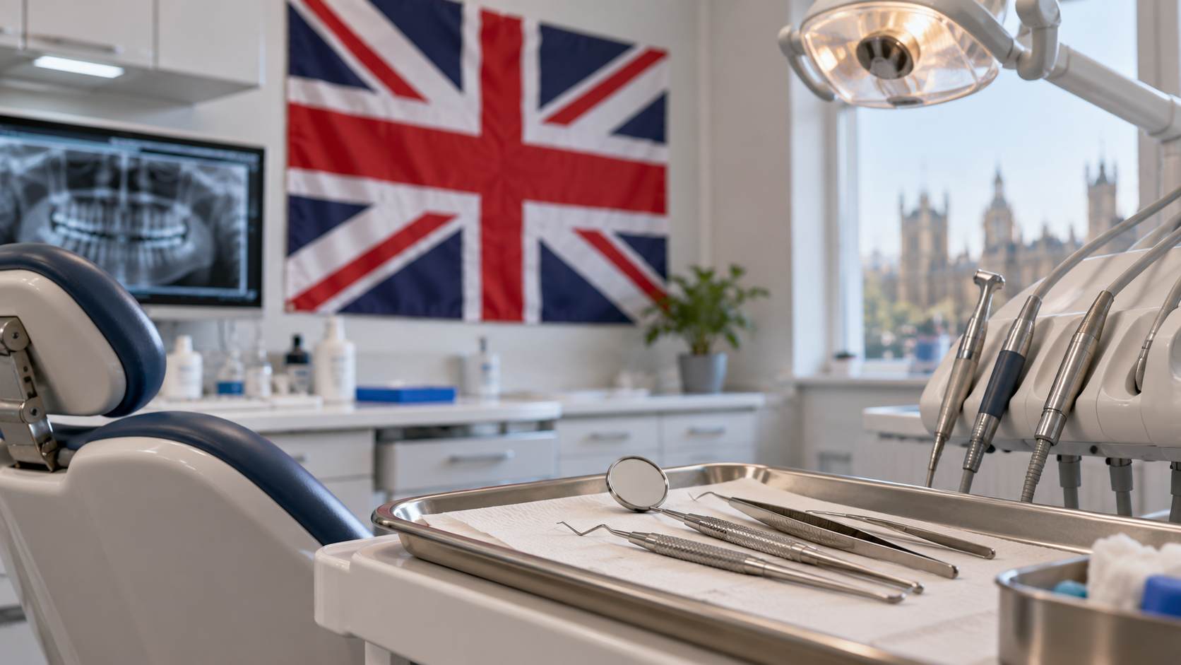Stomatološka ordinacija sa zubarskim instrumentima, stomatološkom stolicom i velikom zastavom Velike Britanije.
